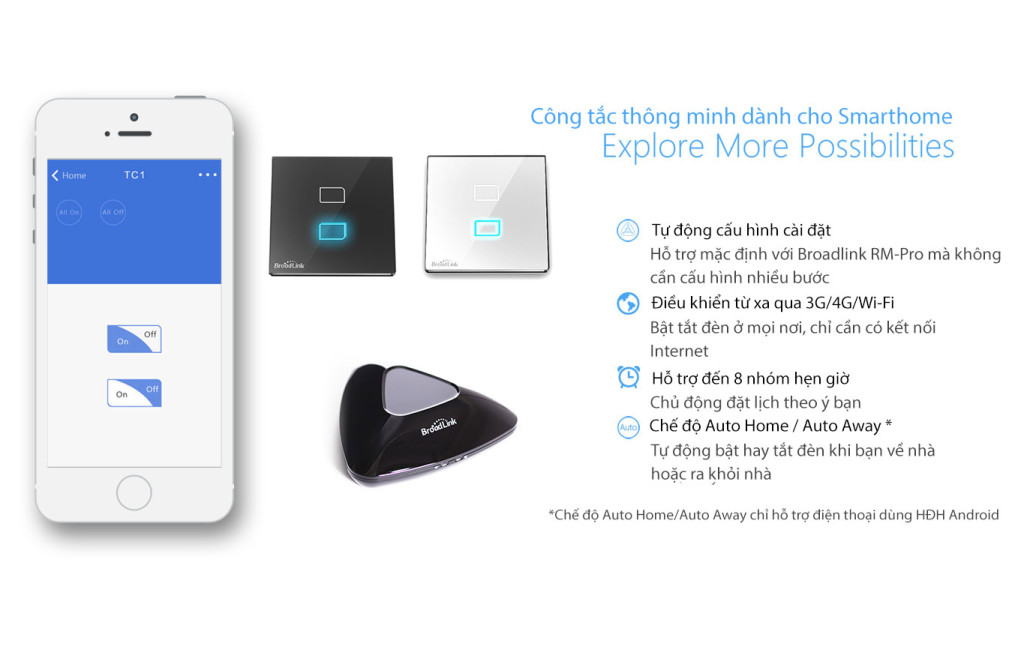 Tiết kiệm 40% - Bộ công tắc cảm ứng, điều khiển từ xa Broadlink TC2 GM3 chuẩn US - Loại 3 phím mặt hình chữ nhật theo tiêu chuẩn Việt Nam