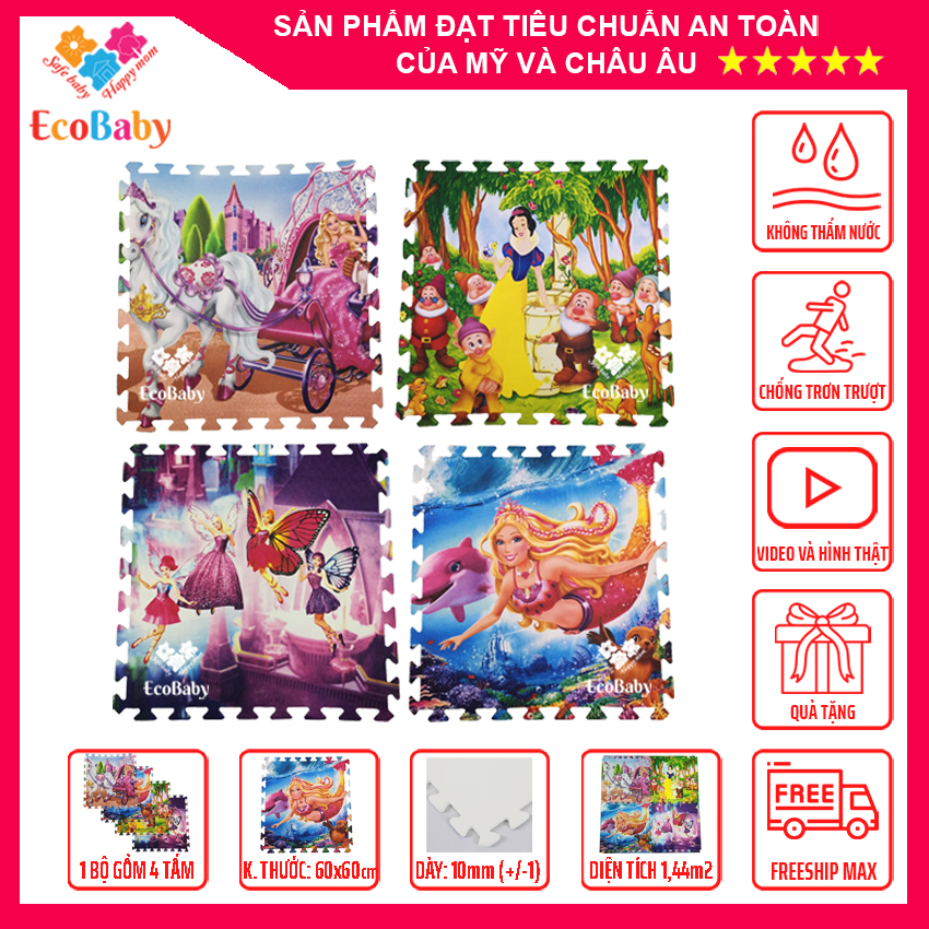 Bộ 4 tấm Thảm xốp cho bé, thảm chơi lót trải sàn chống trơn trượt va đập kèm quà tặng – hình công chúa disney - 60x60cm – EcoBaby