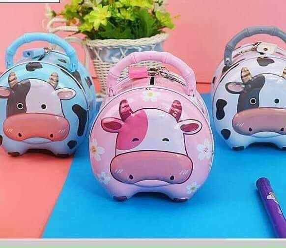 Ống heo đựng tiền có khóa hình con bò sữa cho bé yêu, Két sắt mini tiết kiệm tiền có khóa siêu yêu, đẹp mắt