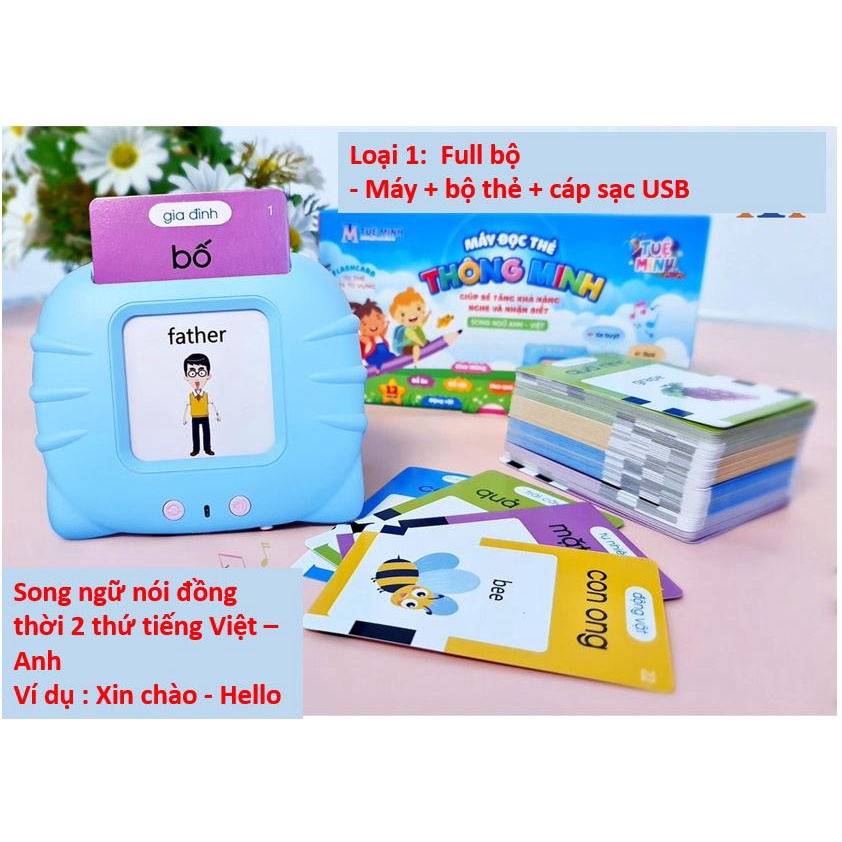 Máy đọc thẻ flashcard song ngữ Anh-Việt phát âm chuẩn cho bé 3 chế độ đọc loại cao cấp kèm 112 thẻ(224 từ vựng) Kèm dây sạc USB