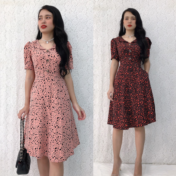 Đầm xòe cổ sen S&M họa tiết vân đá xinh đẹp, vải mát, giá rẻ GR112