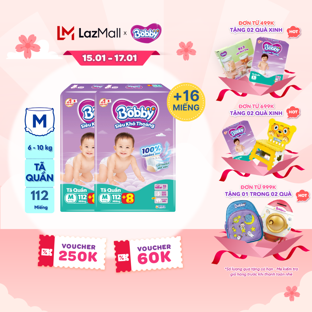 [CHỈ 20H 15-17.01 QUÀ TẶNG ĐH 499K] Combo 2 Tã/bỉm quần Bobby 3mm Mega Jumbo Gạo non Giảm nhiệt M112