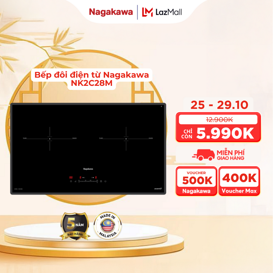 FREESHIP + TRẢ GÓP 0% - Bếp đôi điện từ cao cấp Nagakawa UltraSlim NK2C28M - Made in Malaysia - Bảo 