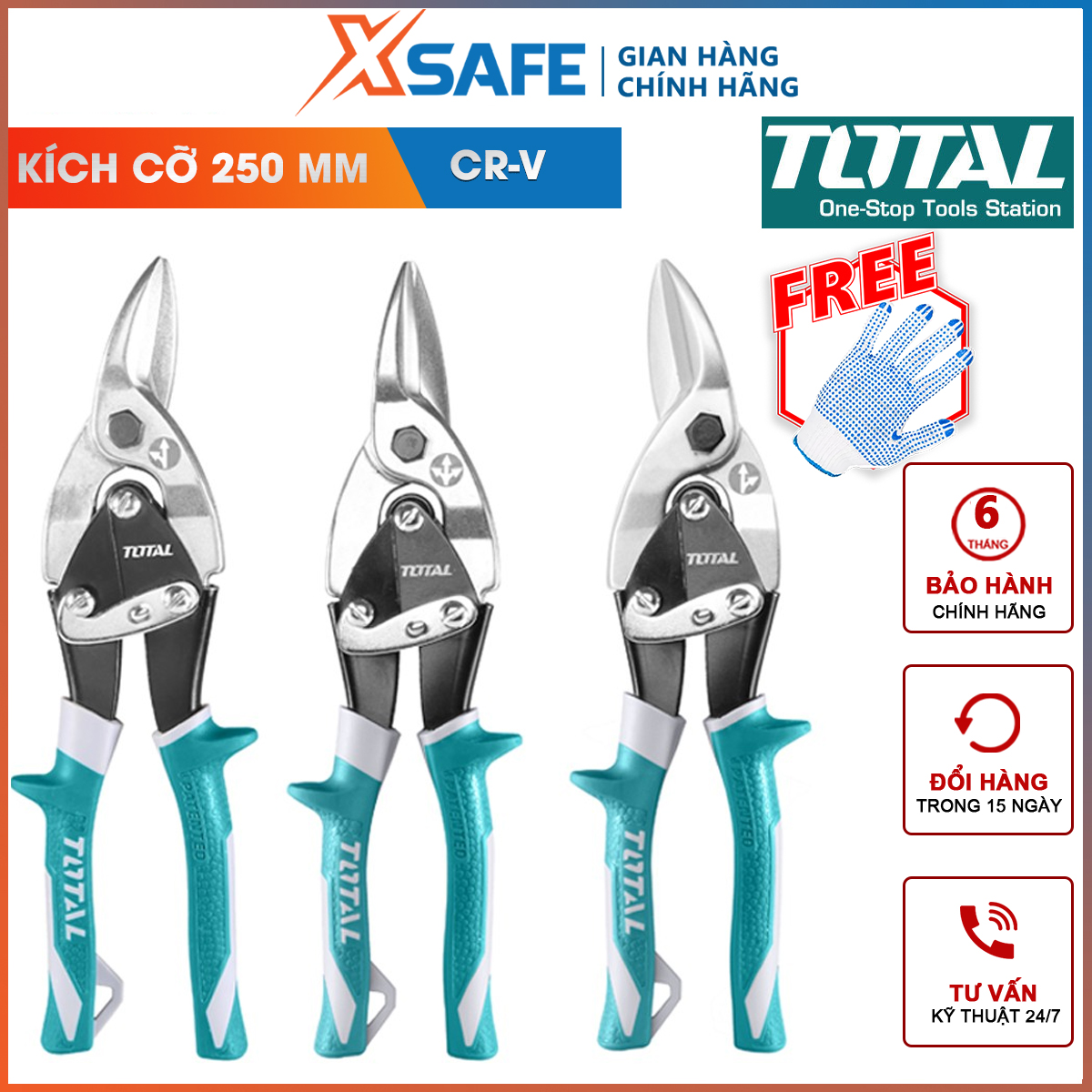 Bộ 3 kéo cắt tôn total tht520106k bộ kéo mũi nhọn chiều dài 250mm thép carbon,không gỉ, tay bọc cao su cắt tôn, thép mỏng, độ cắt sâu, bén