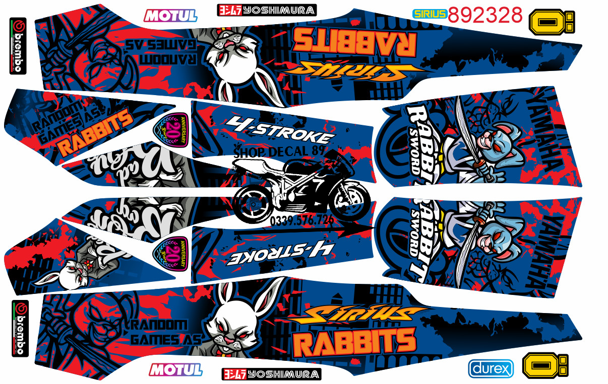 Tem chế Sirius Thỏ Rabbit XANH GP ĐỎ MS 892328 - Tem rời 3 lớp cao cấp - Dán xe sirius xăng cơ