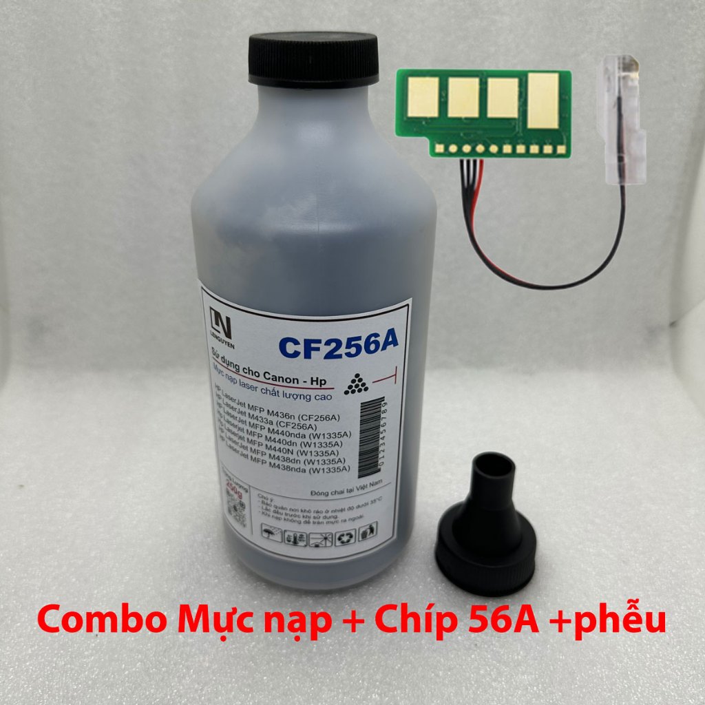 Combo 1 chai mực nạp cf256a + 1 chip 56a + phễu - mực nạp hp m436n, m433a