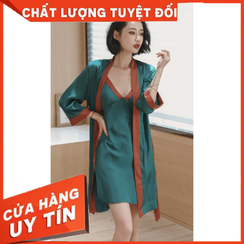 Set đầm ngủ lụa cao cấp mút ngực sẵn, váy ngủ lụa cao cấp kèm choàng