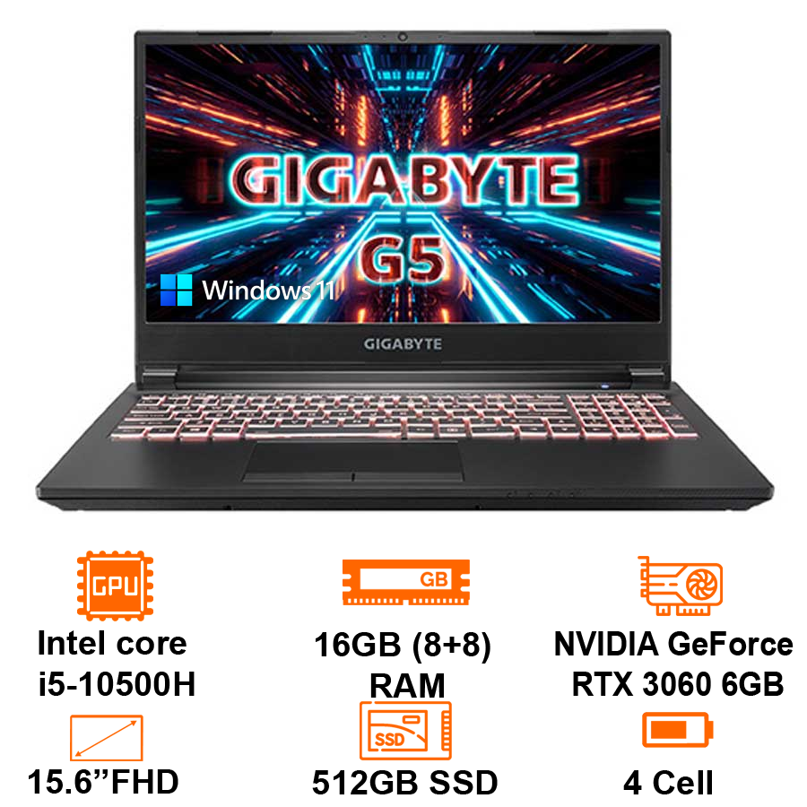 Laptop gaming gigabyte gd-51vn123so i5 Intel Core i5-10500h/16GB(8 + 8)/512GB SSD/15.6 FHD IPs 144Hz/VGA GF RTX3050/Win11/Black-warranty 2 years-genuine goods safety Mart official