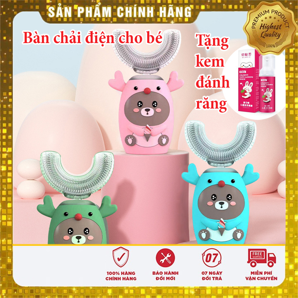 Bàn chải điện cho bé V6 chữ U, công nghệ châu Âu, cho bé lười đánh răng, tặng kèm kem đánh răng tạo bọt nuốt được