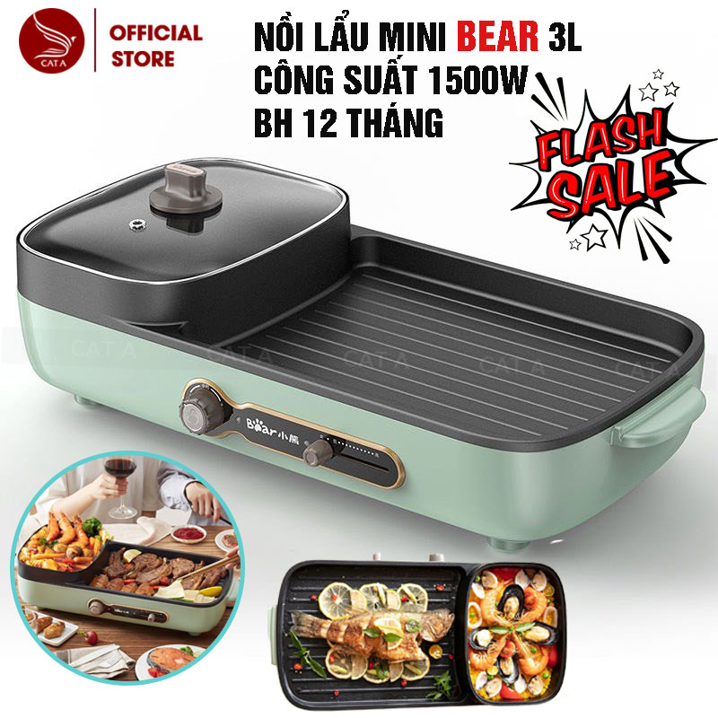 Bếp, Nồi Lẩu Mini Đa Năng BEAR 3L_Bản Quốc Tế_Bếp Lẩu Nướng Điện, Nồi Lẩu 2 Ngăn Uyên Ương Bear_Bảo Hành Chính Hãng 1 Năm