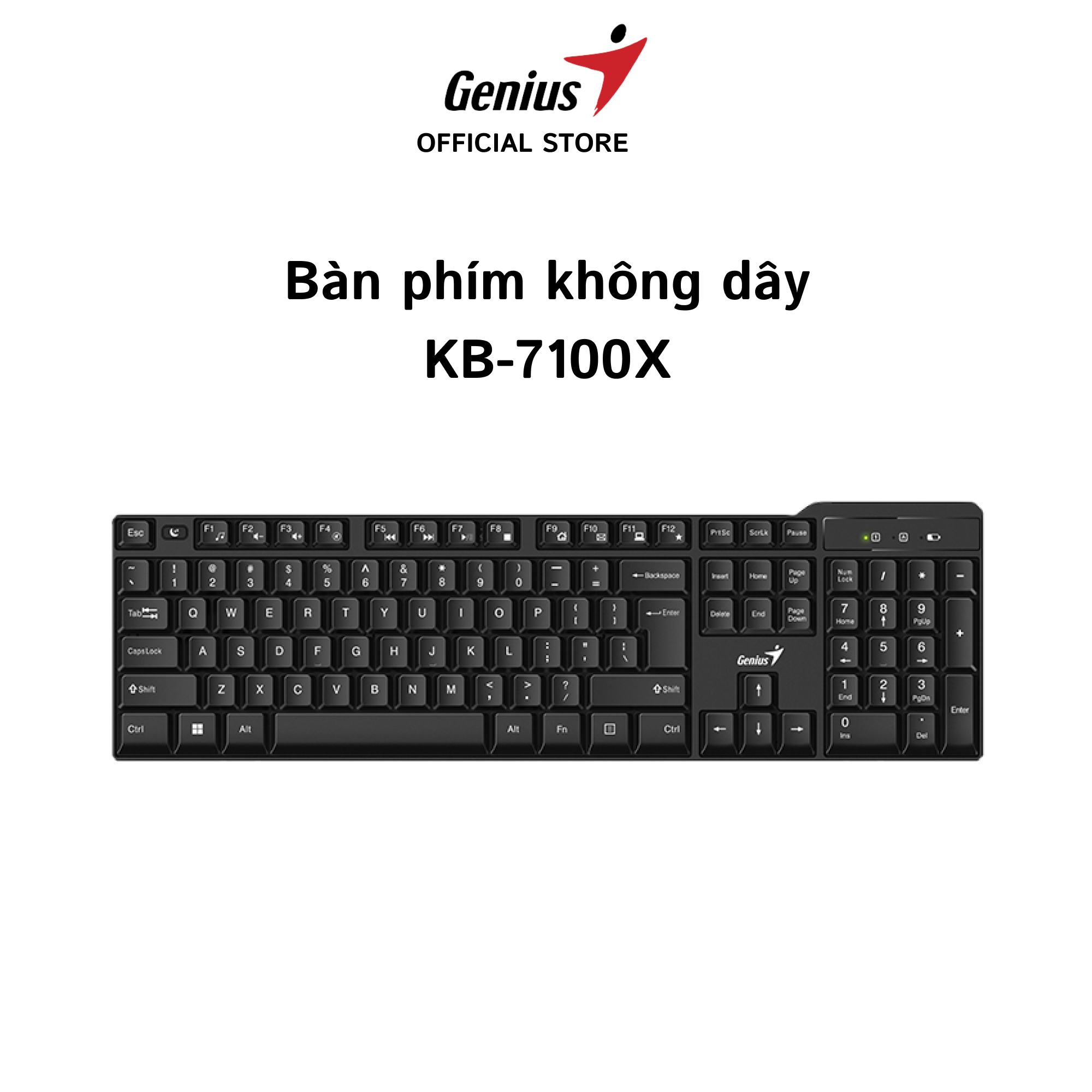 Bàn phím không dây Genius KB-7100X màu đen fullsize có bàn phím số, dùng pin AA, 12 phím chức năng, chống tràn, bảo hành chính hãng 1 năm