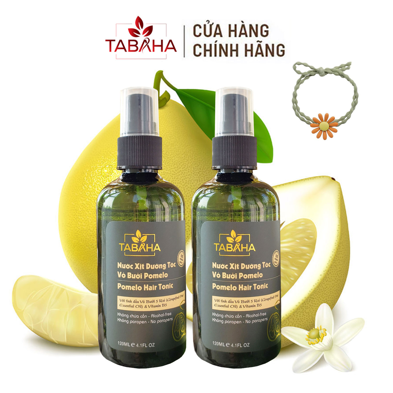Bộ 2 chai xịt dưỡng tóc mọc tóc tinh dầu bưởi Tabaha 120mlx2 tặng cột tóc hoa cúc