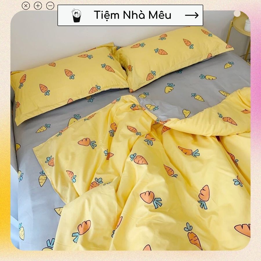 Bộ chăn ga gối cotton 3d đủ size tiệm nhà mêu set 4 món 2 vỏ gối drap vỏ chăn poly cà rốt nhập khẩu