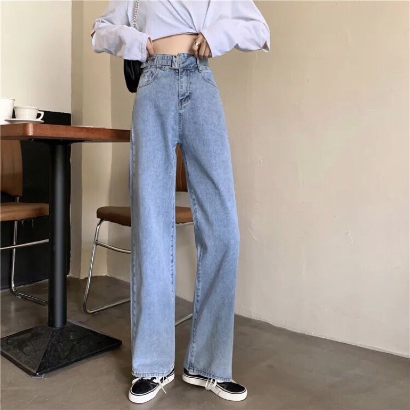 Quần baggy jean ống rộng suông dài – quần jeans nữ có nút chỉnh eo – có big size
