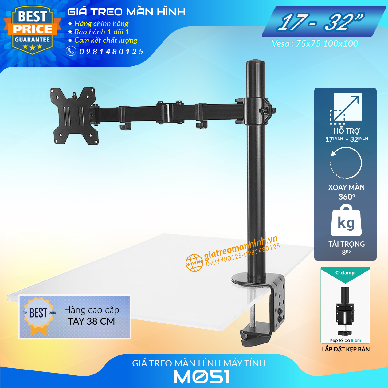 Giá Treo Màn Hình M051 Tay 38 Cm - Hàng Cao Cấp 17-32 Inch / Tải Trọng 8Kg - Lắp Đặt Kẹp Bàn