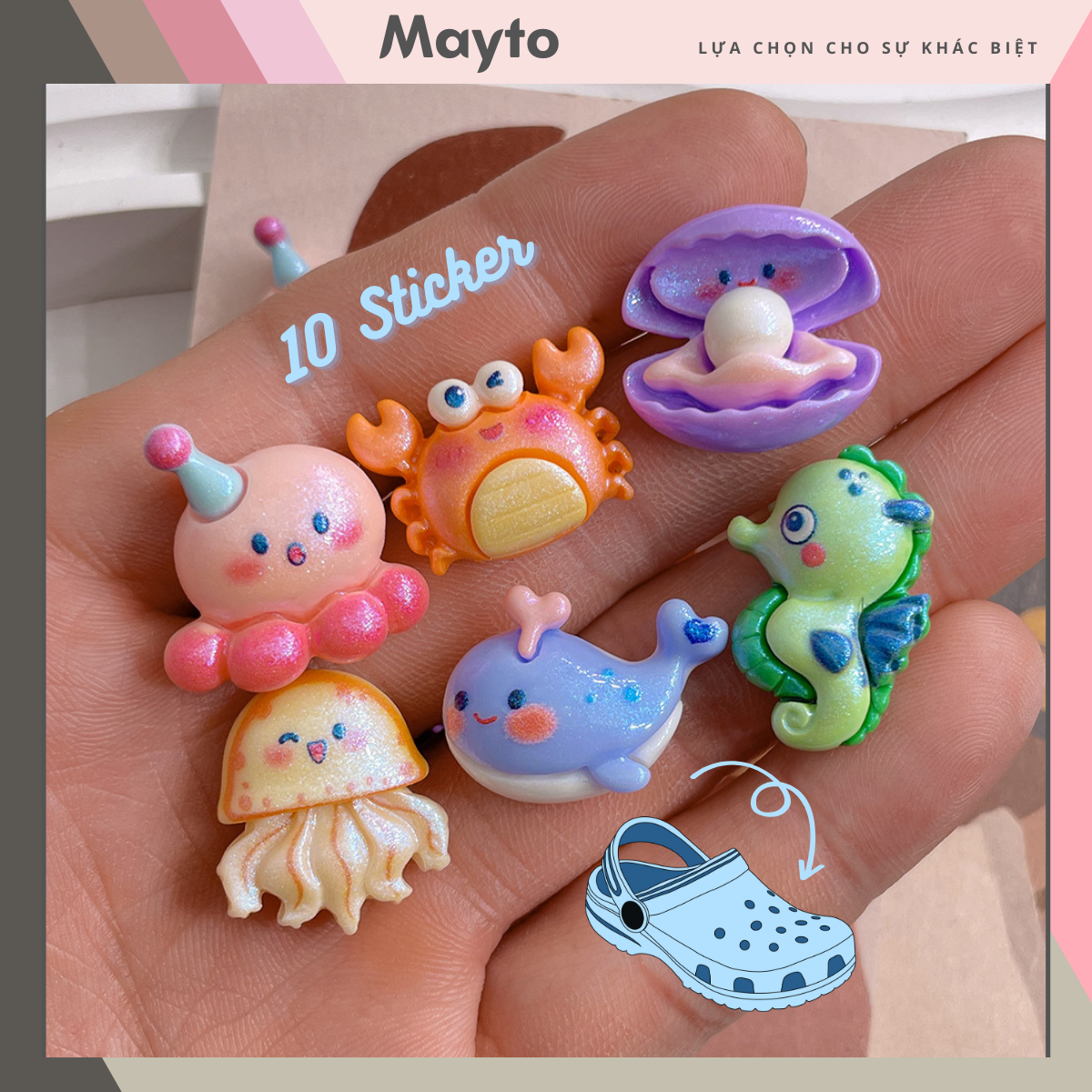 Set 12 Sticker, Charm 3D chủ đề Sinh vật biển 2 mẫu 2024 DIY Mayto gắn Dép Cross, Dép Sục, Cá Sấu JB-109