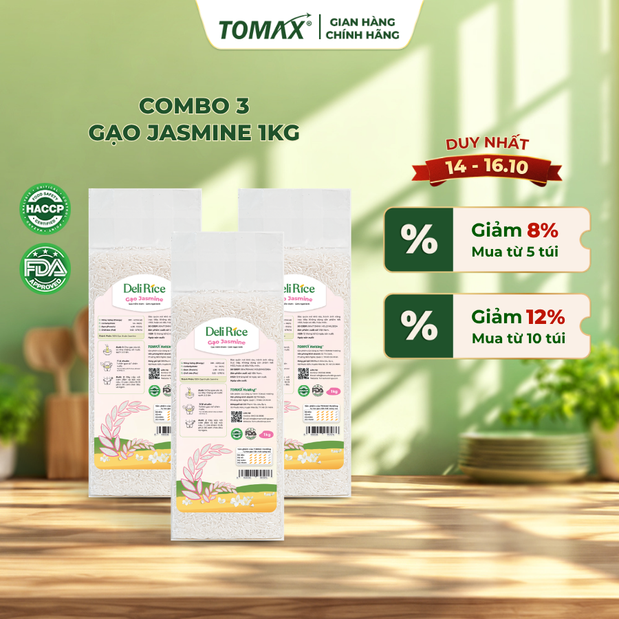 Combo 3 Túi Gạo Jasmine KDM Dẻo Mềm - Túi 1kg Hút Chân Không