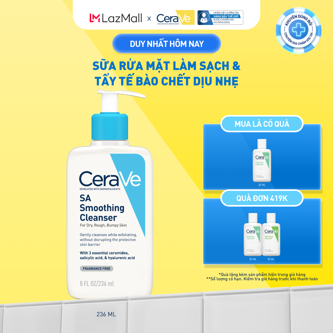 Sữa rửa mặt làm sạch da, loại bỏ dầu thừa và tẩy tế bào chết dịu nhẹ không gây khô da CeraVe SA Smoothing Cleanser 236ML