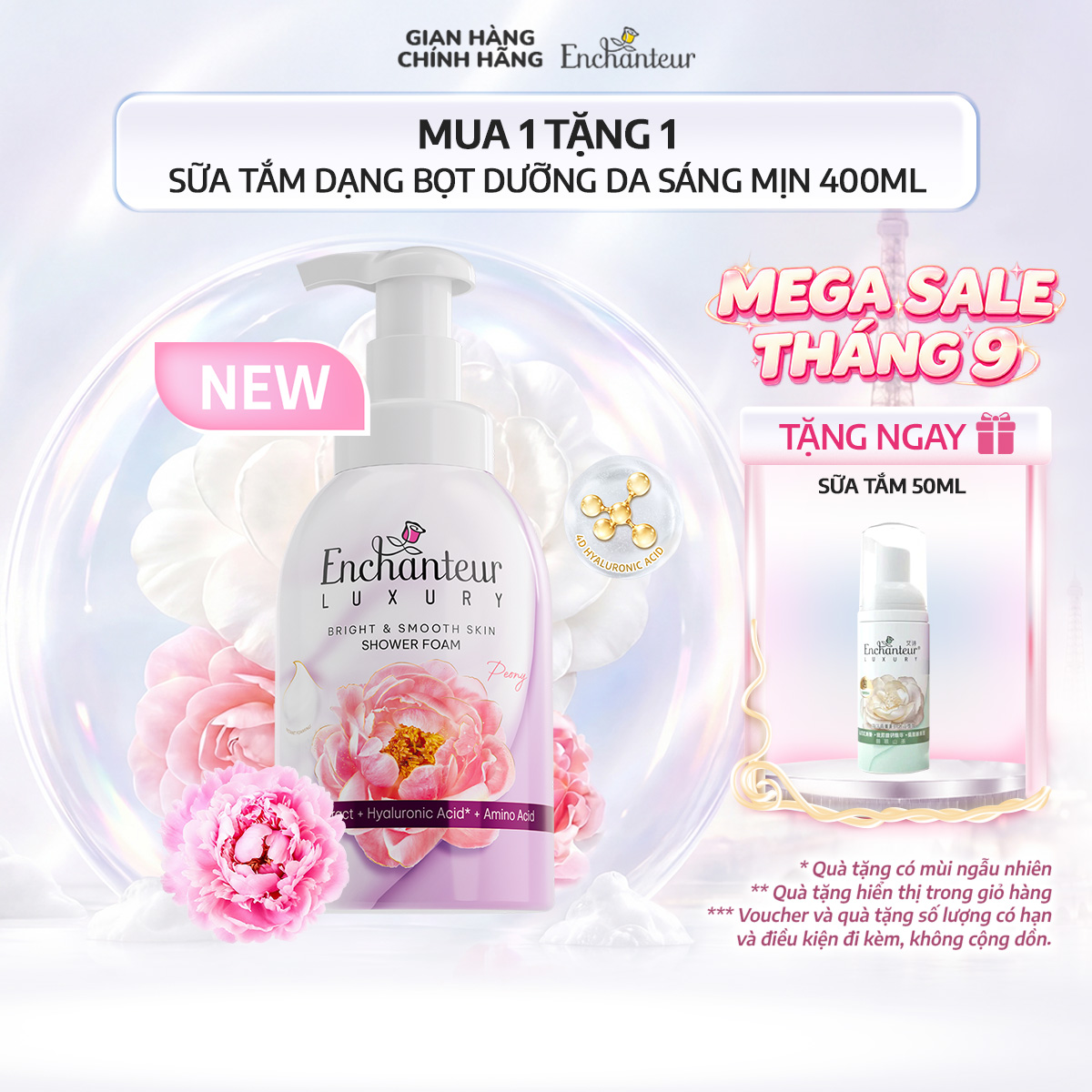 [MUA 1 TẶNG 1] Sữa Tắm Enchanteur Luxury Dạng Bọt Dưỡng Da Sáng Mịn Camellia/Peony 400ml + Tặng Sữa tắm Enchanteur Luxury Dạng bọt Camellia 50ml (Quà hiện giỏ hàng)