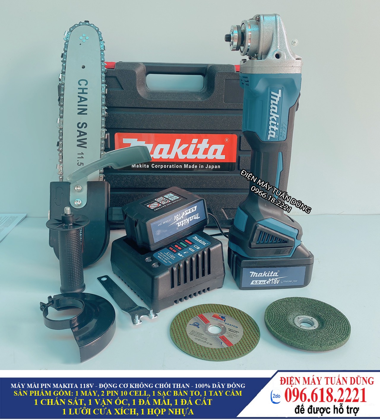 Máy mài pin Makita 118V 6Ah - 2 pin 20000mAh - Động cơ không than, 100% dây đồng - TẶNG BỘ LƯỠI CƯA XÍCH CẮT GỖ, ĐÁ MÀI, ĐÁ CẮT