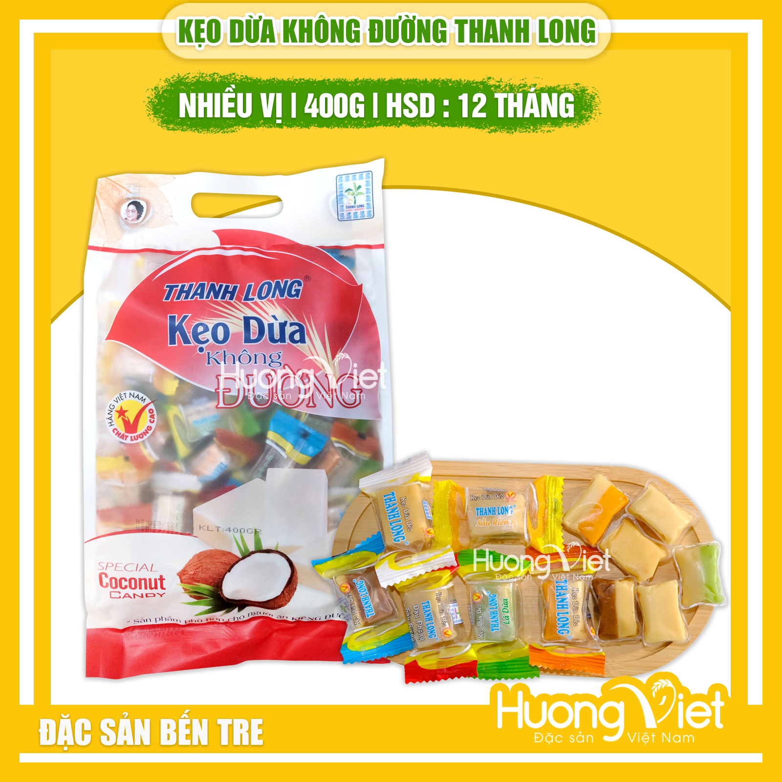 Kẹo dừa không đường Bến Tre, kẹo dừa Thanh Long THẬP CẨM nhiều vị túi 400g