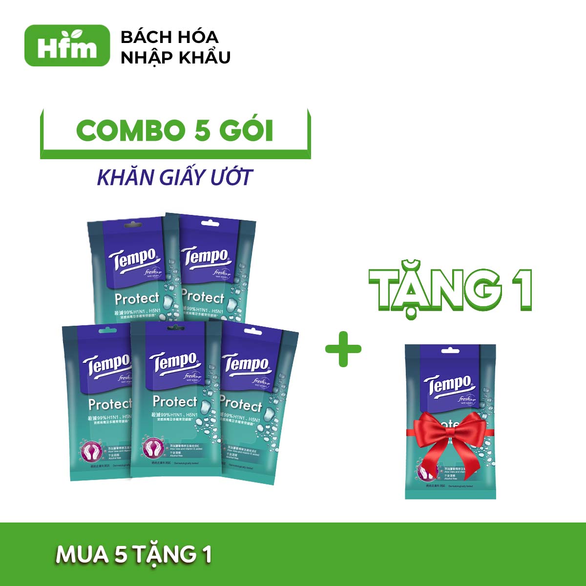 [MUA 5 TẶNG 1 GÓI] Khăn giấy ướt diệt khuẩn Tempo Protect Wet Wipes (Gói 10 tờ)