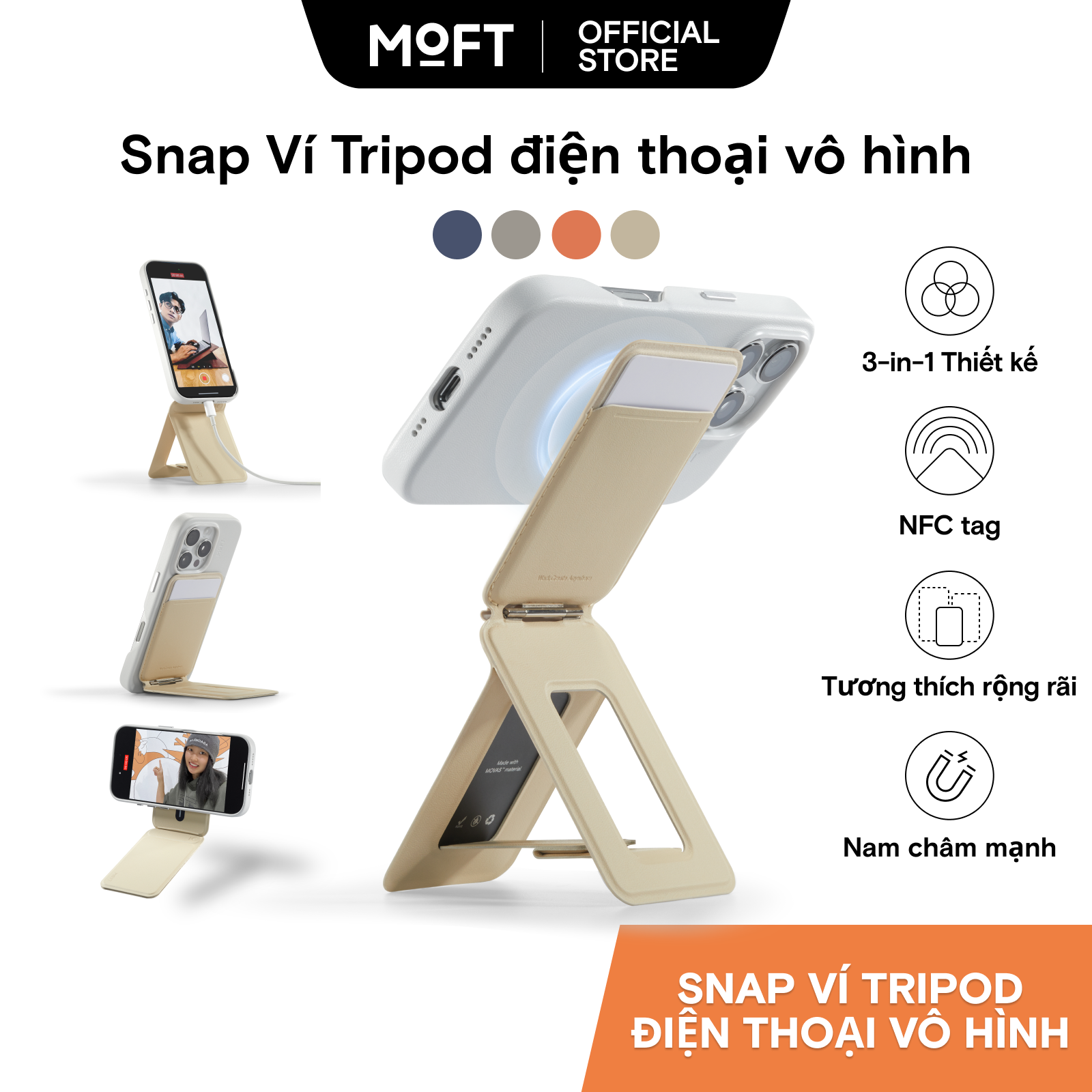 Moft Snap Ví điện thoại vô hình Giá đỡ chân máy điện thoại MOVASTM Tương thích từ tính 3 trong 1