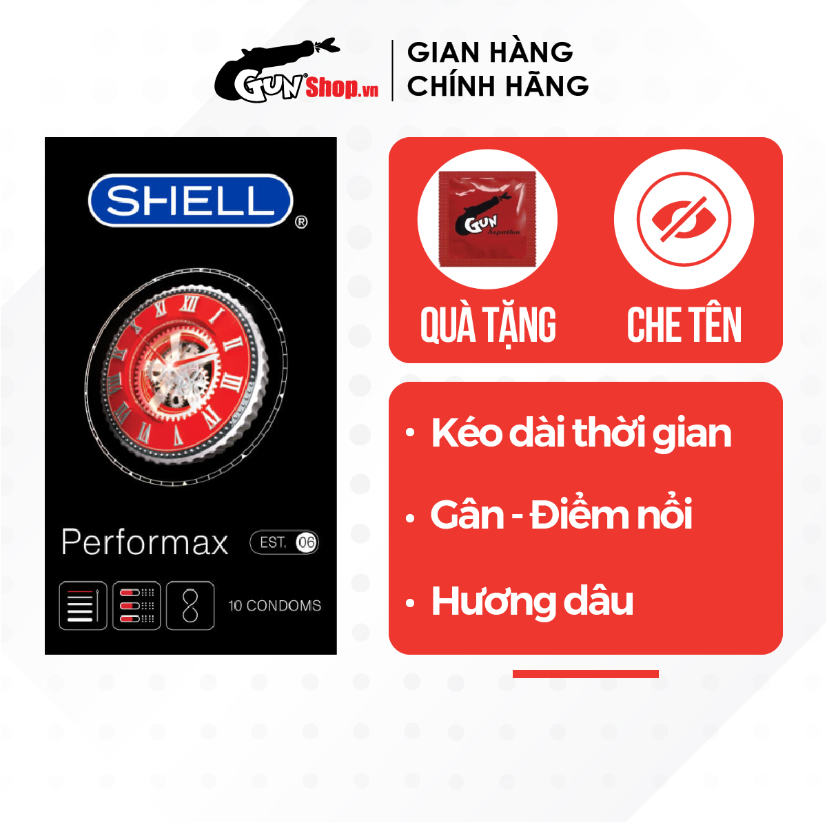 Bao cao su Shell siêu mỏng, kéo dài thời gian, gân và điểm nổi - Hộp 10 cái