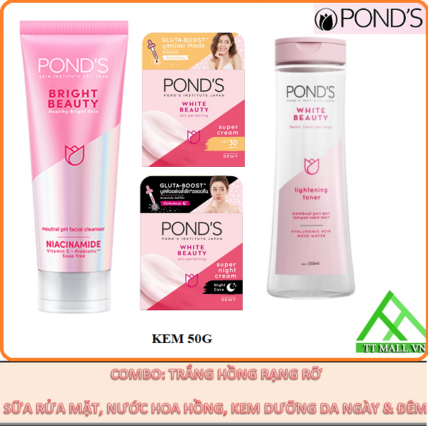 Bộ Pond's Trắng Hồng Rạng Rỡ (Sữa Rửa Mặt Kem Dưỡng Ngày Và Đêm 50G Nước Hoa Hồng)