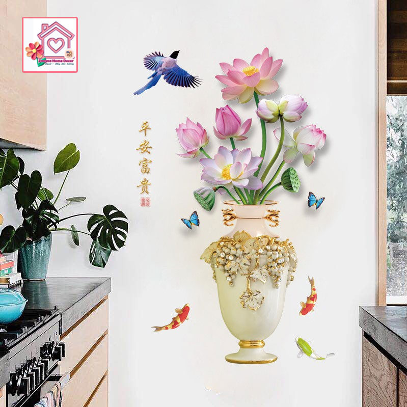 Decal dán tường Bình Hoa Sen SK9328 trang trí tường phòng khách phòng ngủ - Sticker - Miếng dán tường - Hình dán