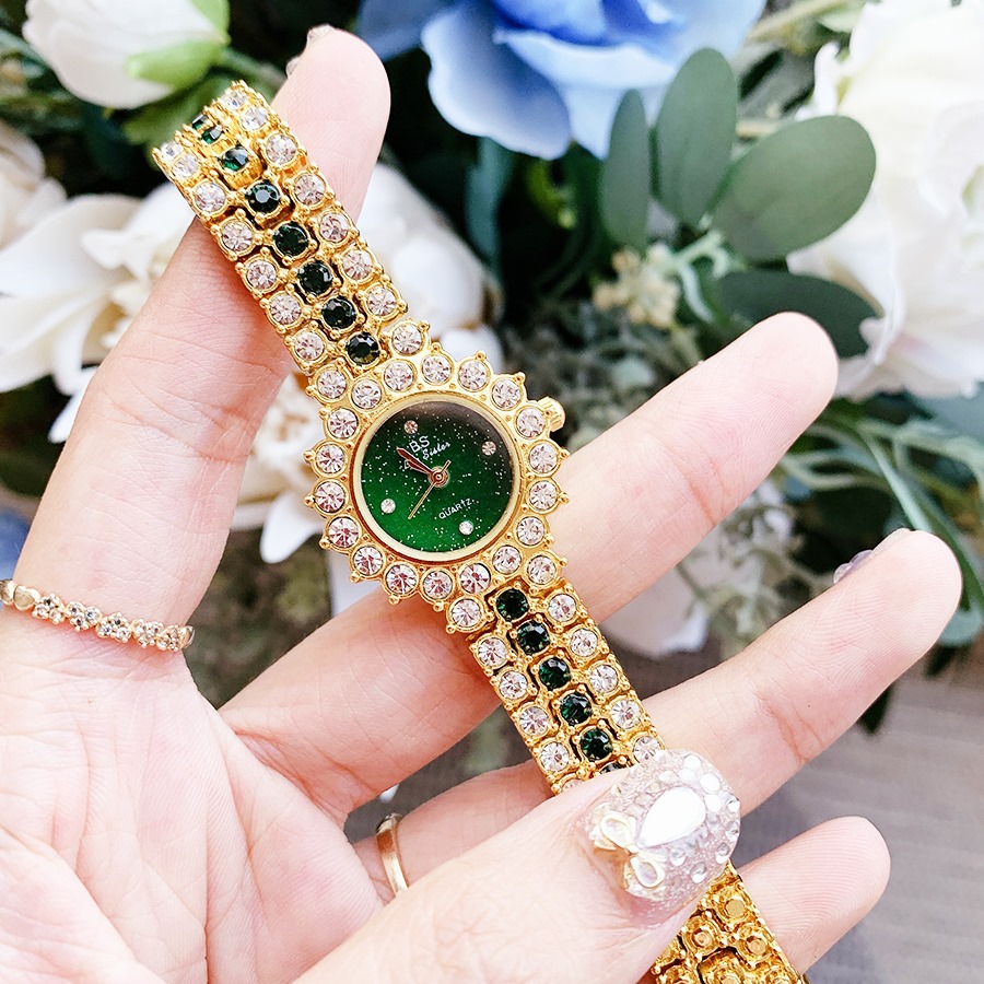 Đồng hồ nữ dây kim loại màu vàng mặt khảm trai viền đá sang trọng + Tặng hộp + pin phụ AG04 + tặng lắc tay