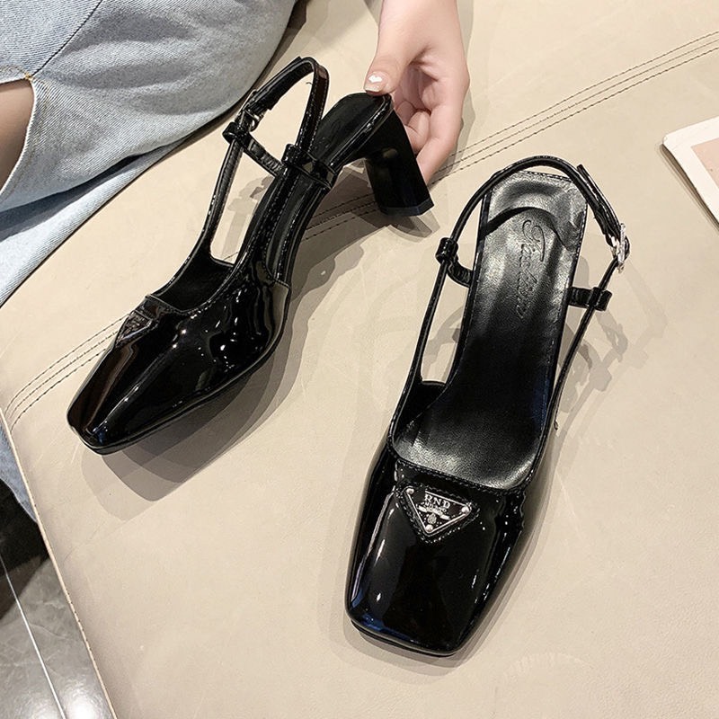 Giày cao gót nữ da bóng mũi vuông hở gót sang chảnh fullbox, sandal nữ đẹp đế vuông bít mũi mẫu mới siêu hot