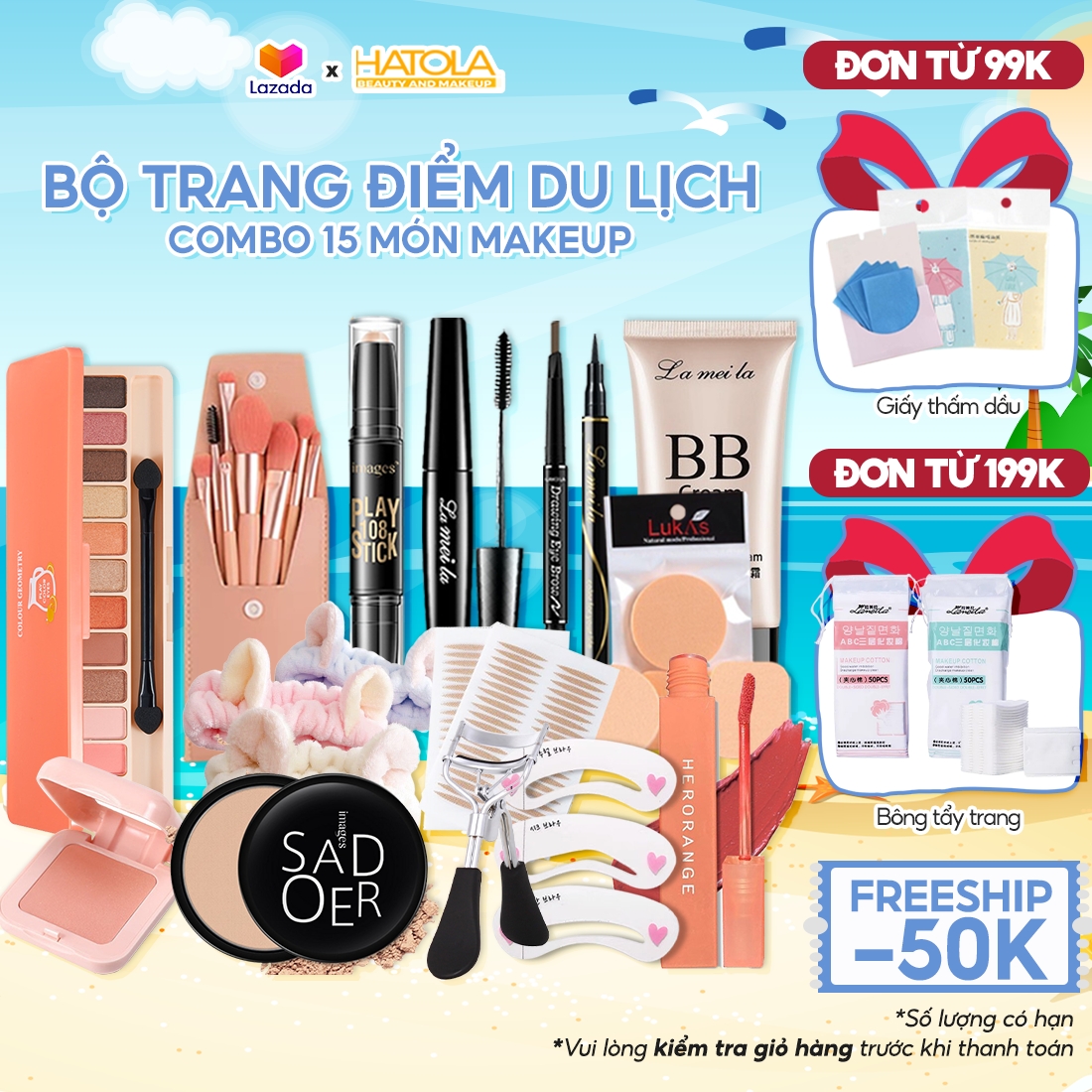 Bộ trang điểm đầy đủ 15 món tiện lợi Từ A-Z Bộ trang điểm đa năng chính hãng nội địa trung Kem BB che khuyết điểm Phấn phủ Chì kẻ mày Kẻ mắt Mascara Son kem lì Phấn má hồng Phấn mắt 12 ô lấp lánh HATOL