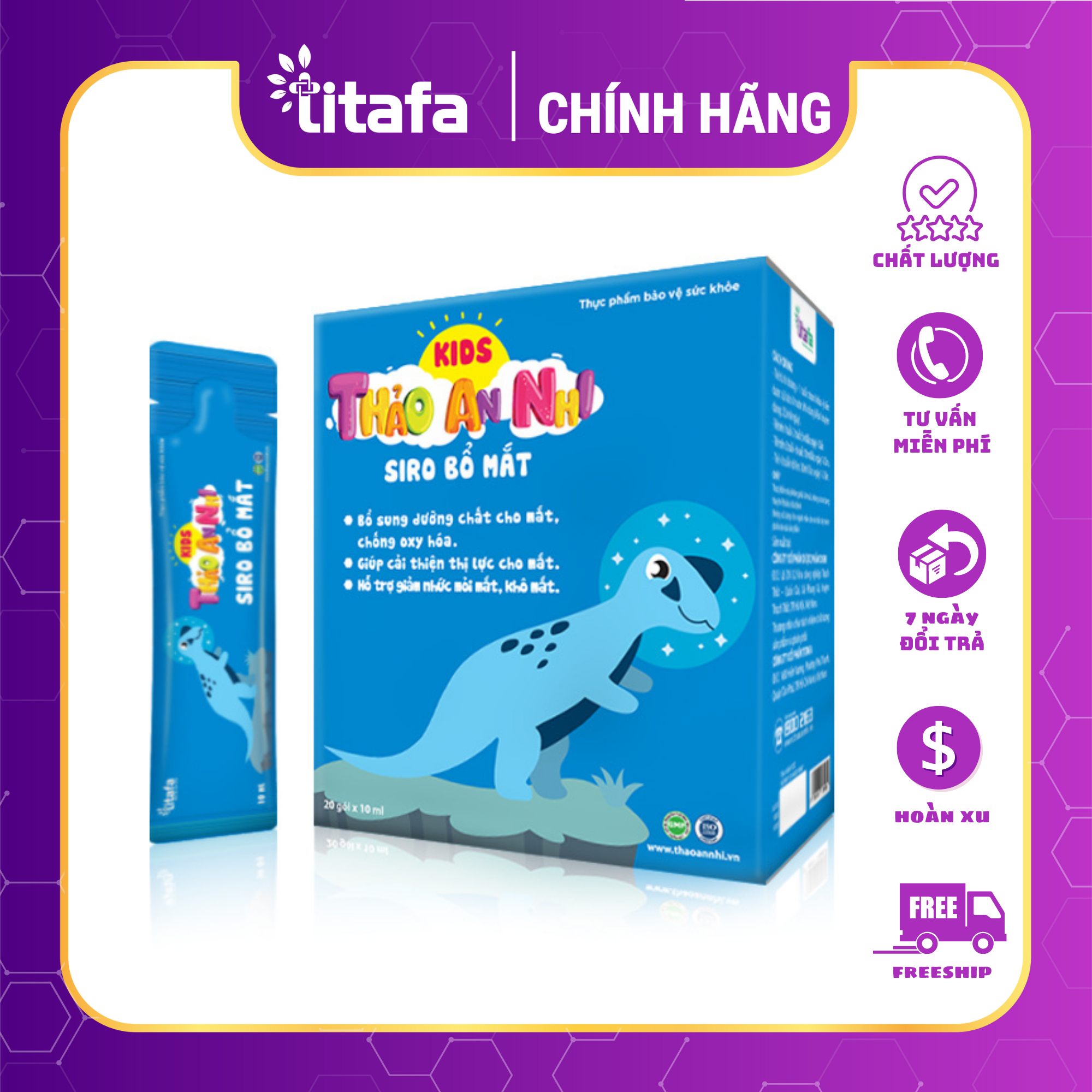 KIDS THẢO AN NHI SIRO BỔ MẮT Hộp 20 gói - Hỗ trợ thị lực cho bé, giảm đau mắt, mỏi mắt, khô mắt.