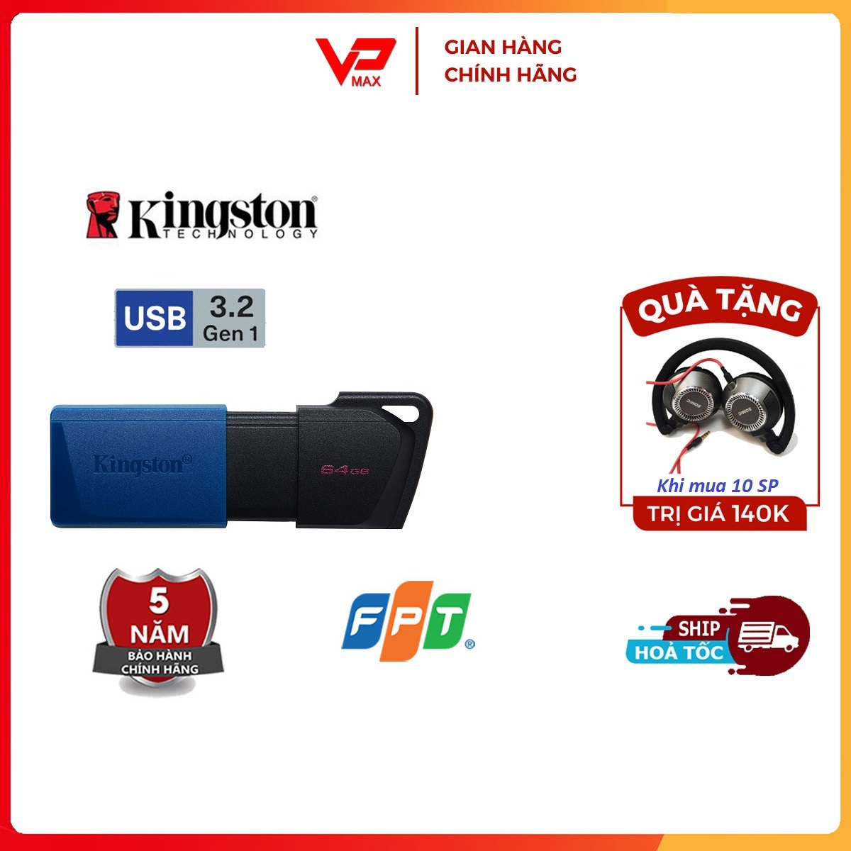[Tặng tai Nghe ]  Kingston 32GB 64Gb  chuẩn 3.0 tốc độ 100Mb/s bh 5 năm FPT - vpmax