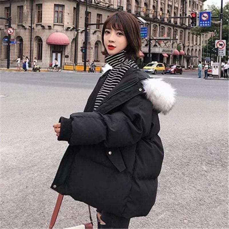 Áo khoác phao nữ mũ lông dáng rộng