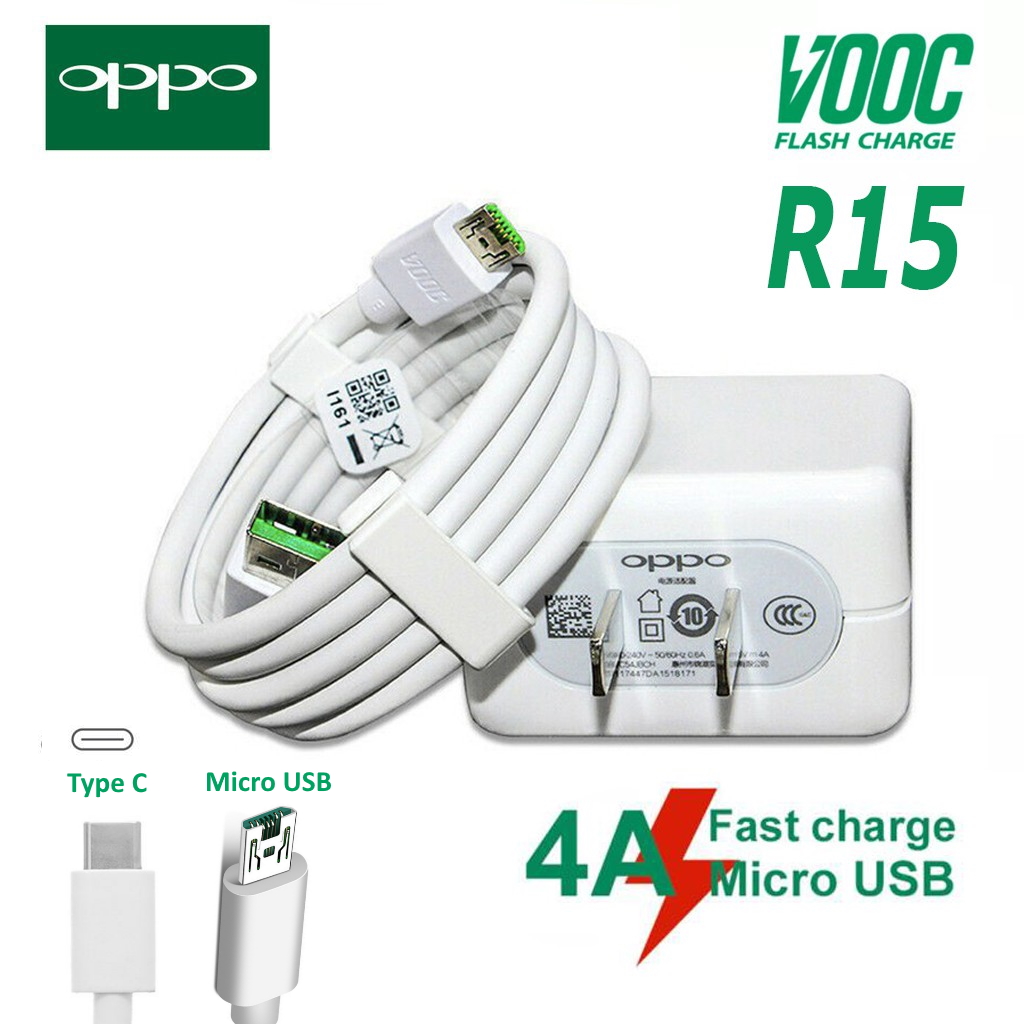 Bộ sạc nhanh VOOC 5V-4A R15 dành cho điện thoại Oppo F11/F11 Pro/ Reno2\2f... Realme3/5/Pro (Chân MicroUSB và Type C)
