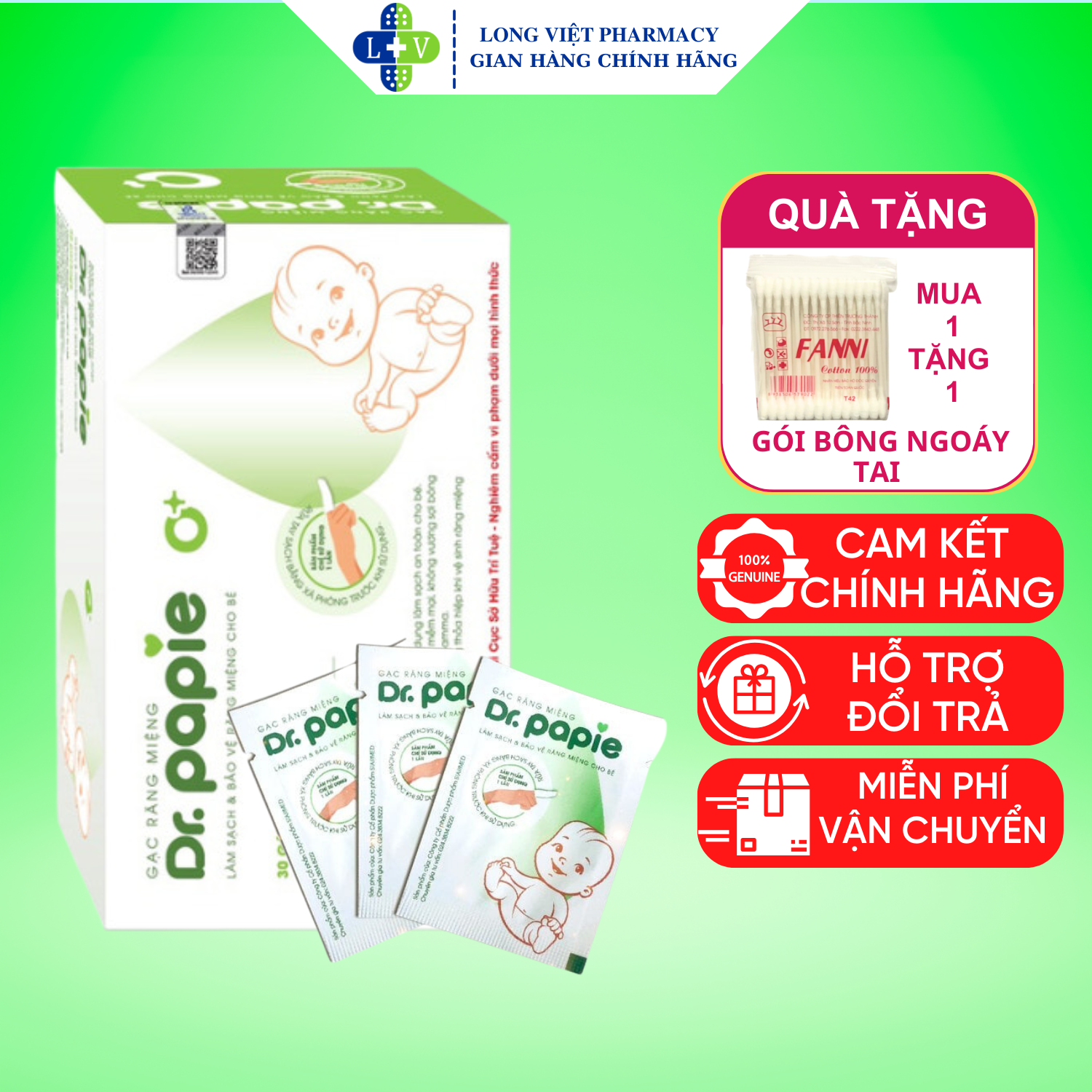 Gạc rơ lưỡi dr.papie, làm sạch răng, lưỡi, nướu và khoang miệng cho bé, hộp 42 gói