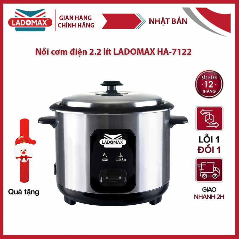 Nồi cơm điện nắp rời 2.2L LADOMAX - HA-7122  lòng nồi hợp kim nhôm phủ men chống dính siêu bền nắp bằng inox công suất 900W công nghệ 1D nấu nhanh tiết kiệm điện thiết kế thông minh- Hàng Chính Hãng - Bảo hành 12 tháng