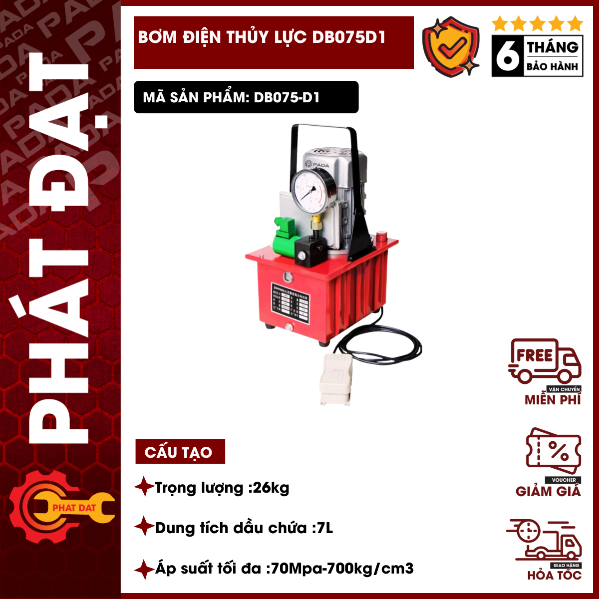 ]bơm điện thủy lực db075d1-bơm 1 vòi 1 van từ công suất 750w-bình dầu 7 lít chính hãng padatools