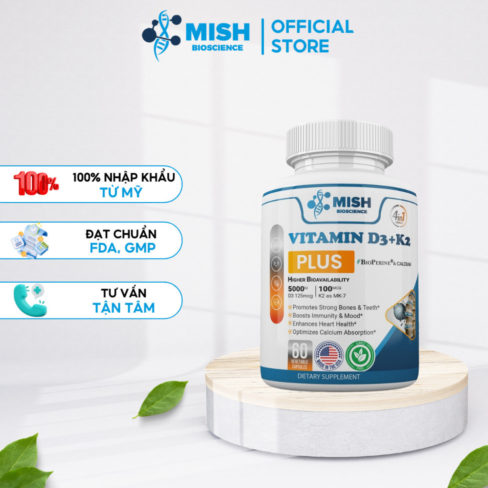 Viên Uống Bổ Xương Và Răng Vitamin MishBio Vitamin D3 K2 Plus Canxi & Bioperine Bổ Sung Calcium