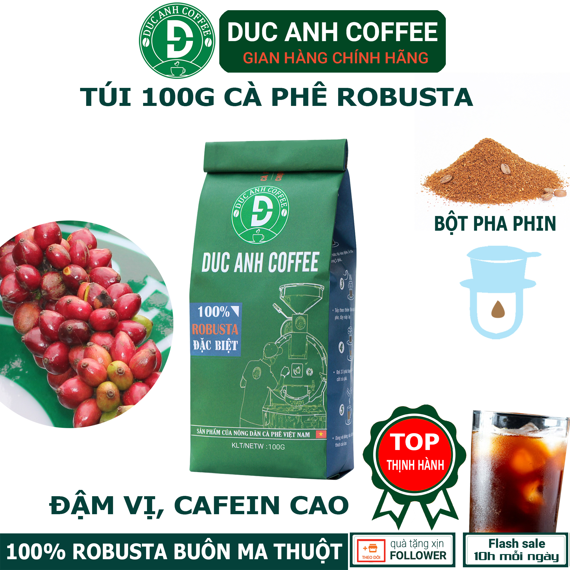 (TRỢ GIÁ) Cà Phê Rang Mộc DUC ANH COFFEE thành phần 100% ROBUSTA Buôn Ma Thuột - Mặc định xay dùng PHA PHIN - dùng thử 100g tiện lợi - Sản phẩm trực tiếp từ nông trại - Thương hiệu nội địa Việt - Flash sale