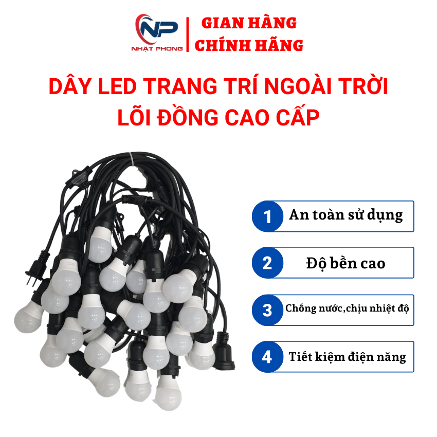 Dây đèn trang trí ngoài trời 5m 10 đuôi, 10m 15 đuôi, 10m 20 đuôi, chống nước, lõi đồng cao cấp