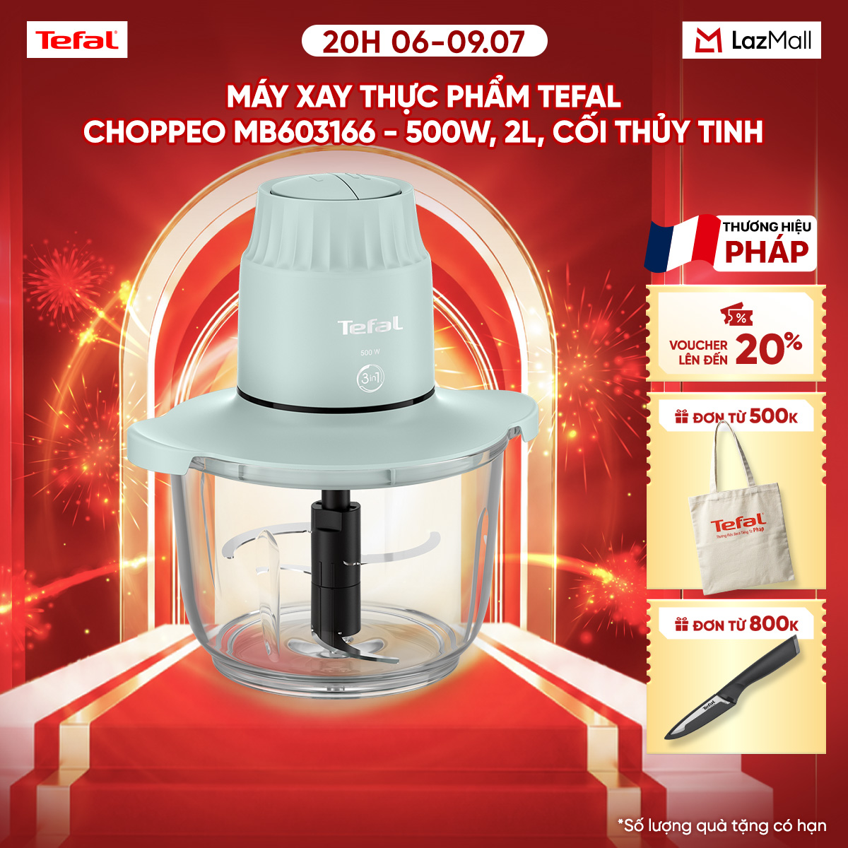 Máy xay thực phẩm Tefal Choppeo MB603166 - 500W, 2L, cối thủy tinh