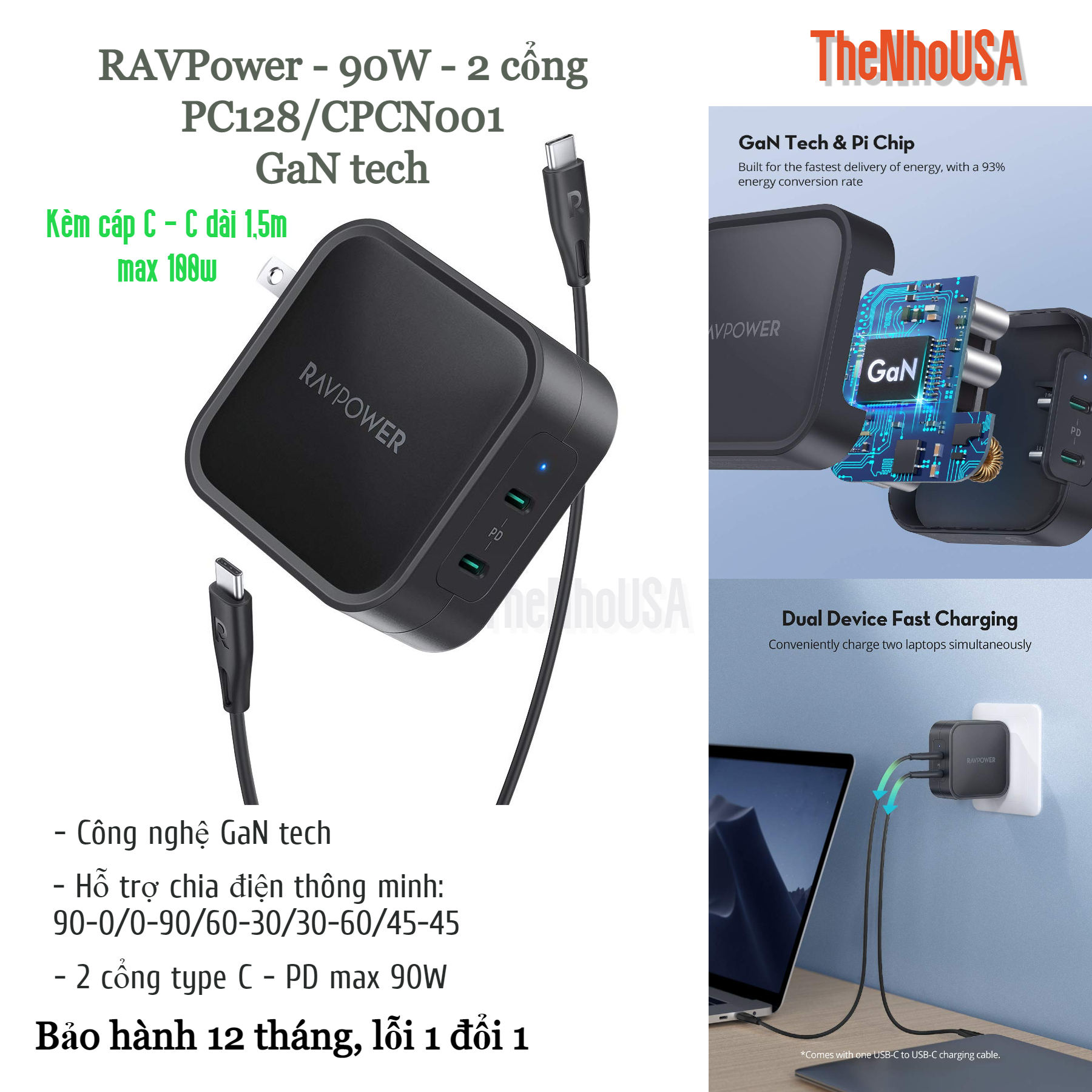 [Nhập LAZSOCIAL100K giảm 15% tối đa 100K]Củ sạc RAVPower 90w - 2 cổng type C (GaN tech) RP - CPCN001