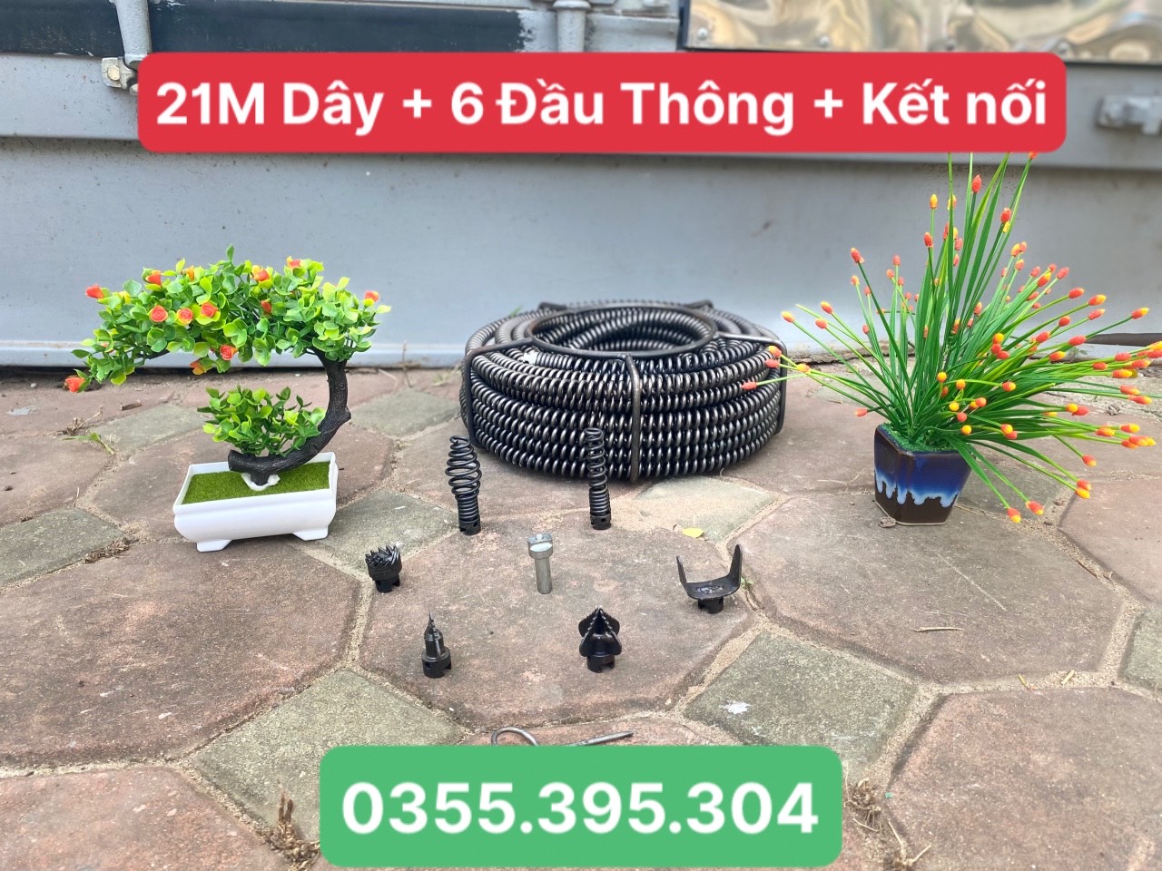 Dây thông tắc cống lò xo dùng máy khoan dài 21m + 6 đầu thông + kết nối máy khoan