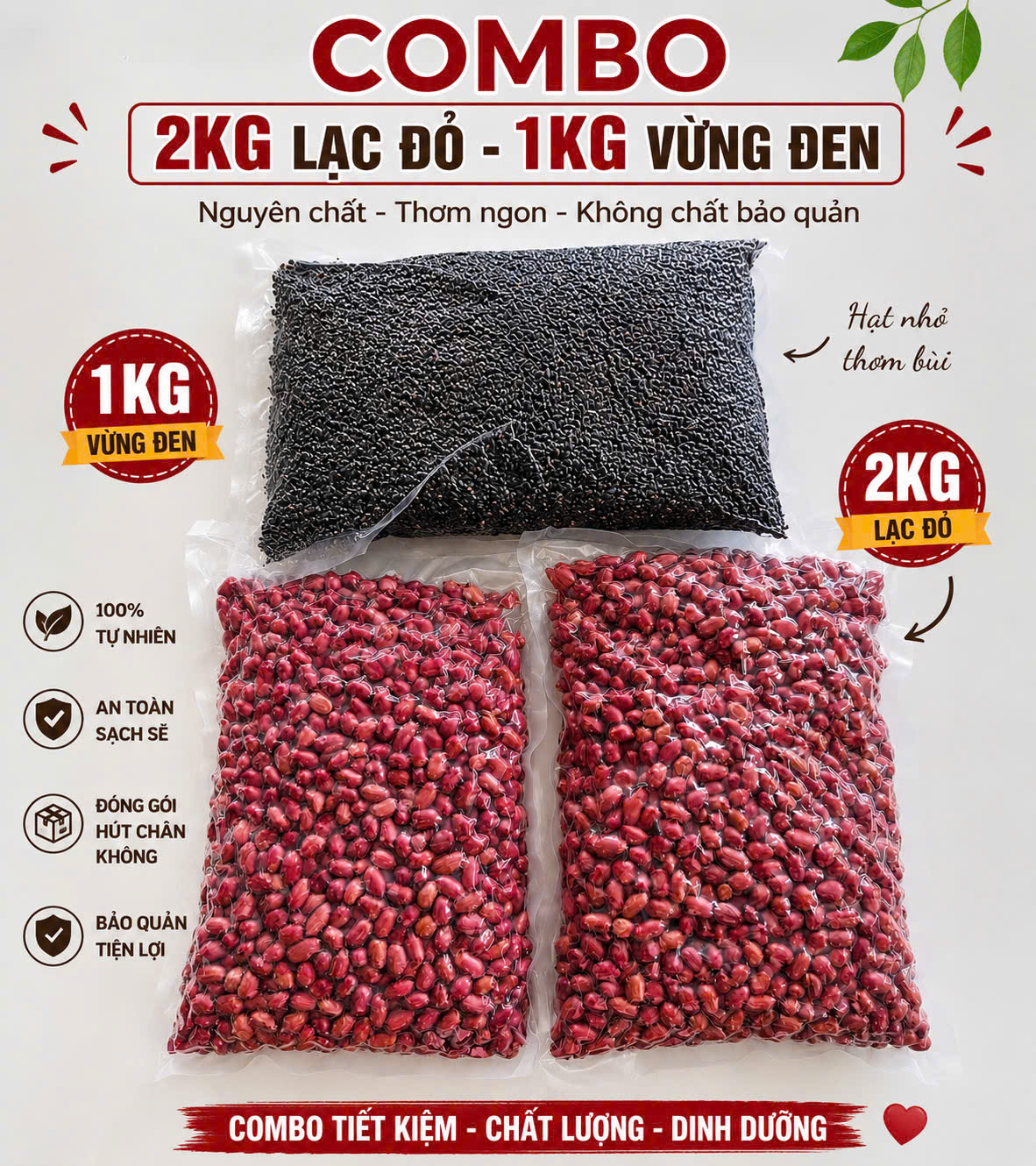 🌿 COMBO 3KG: (2KG LẠC ĐỎ + 1KG VỪNG ĐEN )– ĐÓNG TÚI HÚT CHÂN KHÔNG