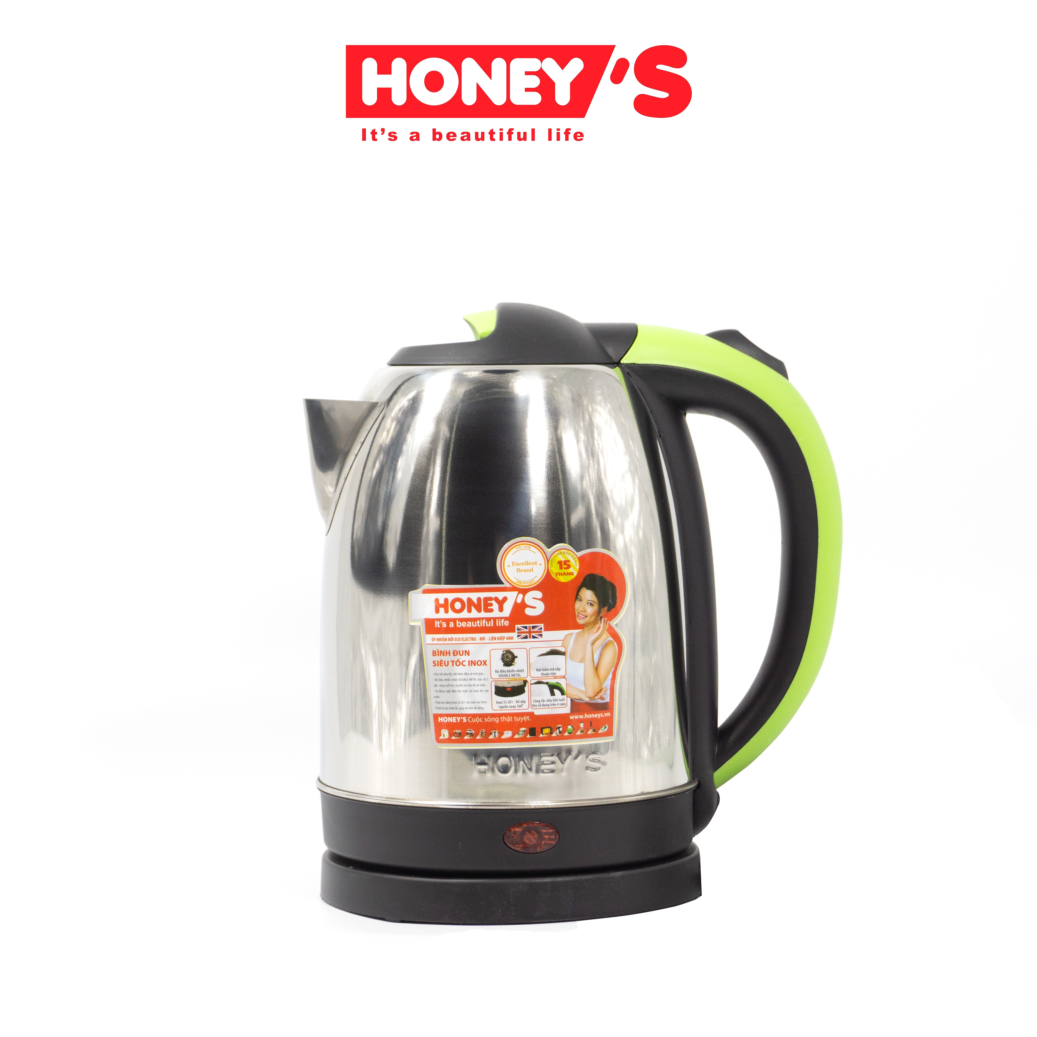 Ấm đun siêu tốc honeys ho-ek15s185 - thân inox, tiêu chuẩn bảo vệ 2 cấp, an toàn, bền bỉ,bảo hành 12 tháng-1.8l