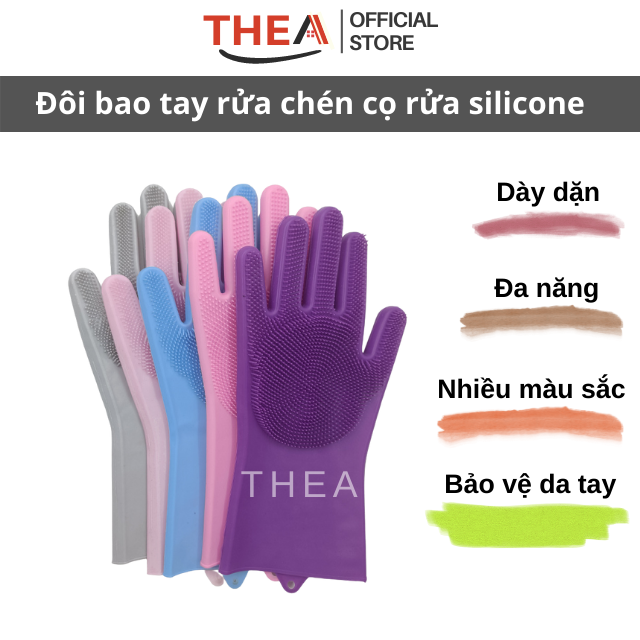 Đôi găng tay cao su 100% silicone rửa chén bát đa năng, bao tay rửa chén silicon vệ sinh cọ rửa nhà bếp, toilet - THEA
