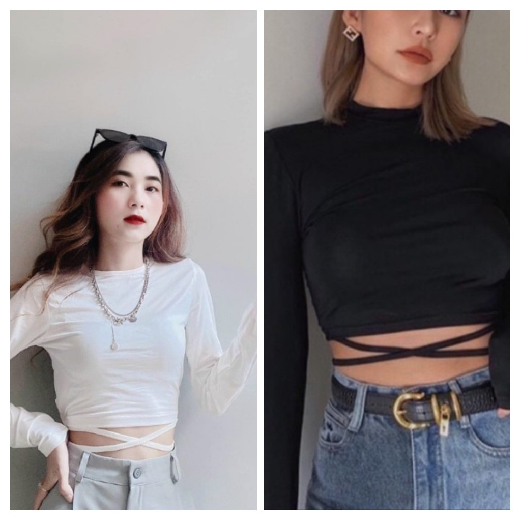 [HCM]Áo croptop tay dài dây quấn eo chất thun borip from body hàng y hình kèm ảnh thật ( free size từ 40-53kg)